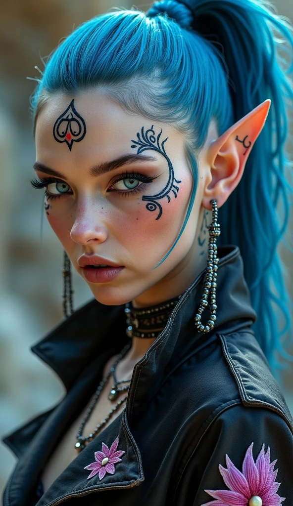 Masterpiece, Young Magan Fox as a beautiful young female elf BREAK (((Short blonde Baids))) BREAK (((Tribal face Tattoos))), BREAK (((Tribal Cheek Tattoos))), BREAK (((face piercings))), (((pointy elf ears))) BREAK (((glowing blue eyes))), BREAK (((Full Body Shot))), Wearing a Cyberpunk inspired Kimono BREAK Neon Cyberpunk Nightclub background, BREAK ((Best quality)), ((masterpiece)), (highly detailed:1.3), 3D, beautiful (cyberpunk:1.3), bold colours and patterns, eye-catching accessories, trendy and innovative hairstyle, vibrant makeup, neon signs, LED lights, bright and vivid color scheme, detailed skin texture, detailed cloth texture, beautiful detailed face, intricate details, ultra detailed, best quality, ultra high res, (photorealistic: 1.4), Raw photo, by Ellen von Unwerth, Nikon D850 Film Stock Photography, F1.6 Lens, Rich Colors, Realistic, Cinestill 800, backlight, rimlighting, studiolighting