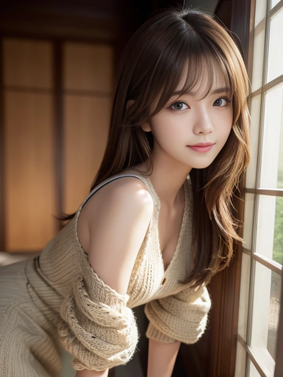 masterpiece, highest quality, High resolution, table top、wallpaper, realistic, bright lighting, professional lighting, face light, smooth lighting, japanese girl, cute, sad expression, Beautiful girl, gravure, sexy, super beautiful, beautiful skin, beautiful and detailed eyes、detailed face、slim、moderately、Medium hair, brunette colored hair, brown eyes, looking away, sweater, The morning sunlight shines through the misty forest.