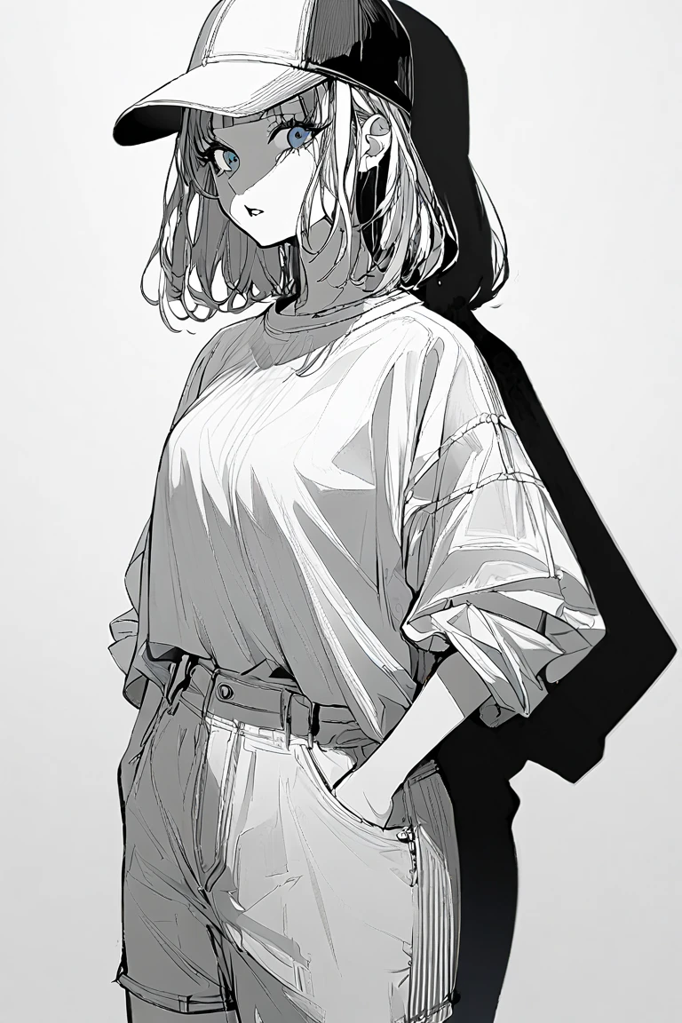 1girl, Alone, hat, hands_in_pockets, multicolored_hair, shadow, parted_lips, bangs, standing, white_shirt, looking_at_viewer, shirt,black and white background 、Only the body is colored