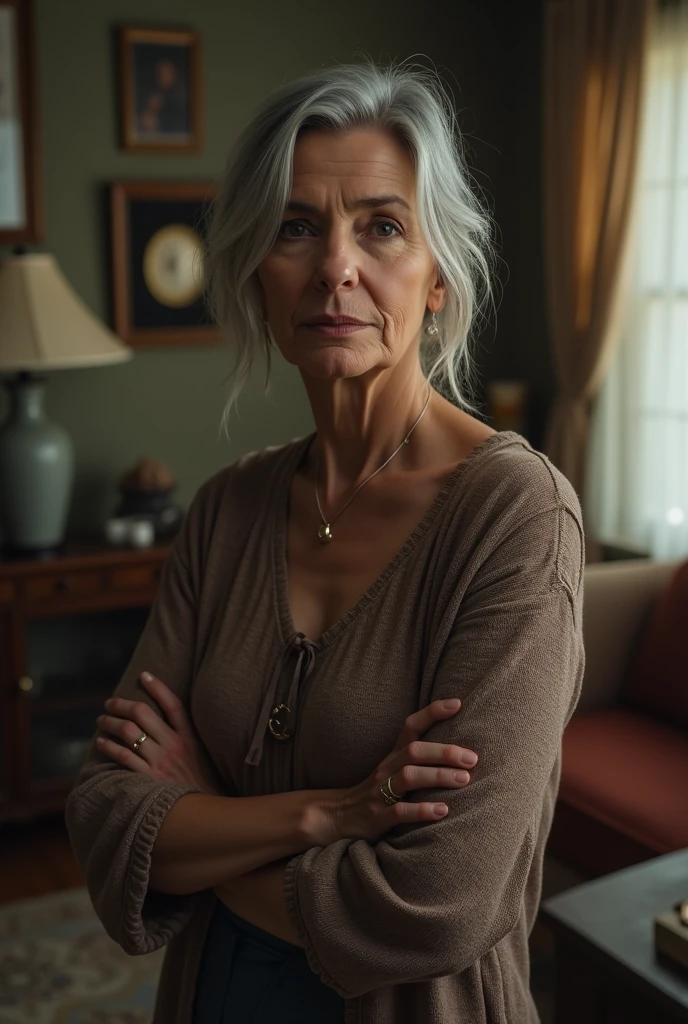 Half length waist-up photo of beautiful very anorexic skinny 65 year old, very short length flip-styled curly white hair, blue eyes, detailed eyes, large fake enhanced breasts in loose fitting denim coveralls, realistic skin with pores and blemishes, pale skin, looking directly at the camera very confident and sexy, casual, distressed old denim, beautiful round ass, boots, wrinkled freckled huge sexy cleavage, signs of aging, she’s a Jane Birkin lookalike, in blurry loft apartment with dark hunter green walls and very dramatic light