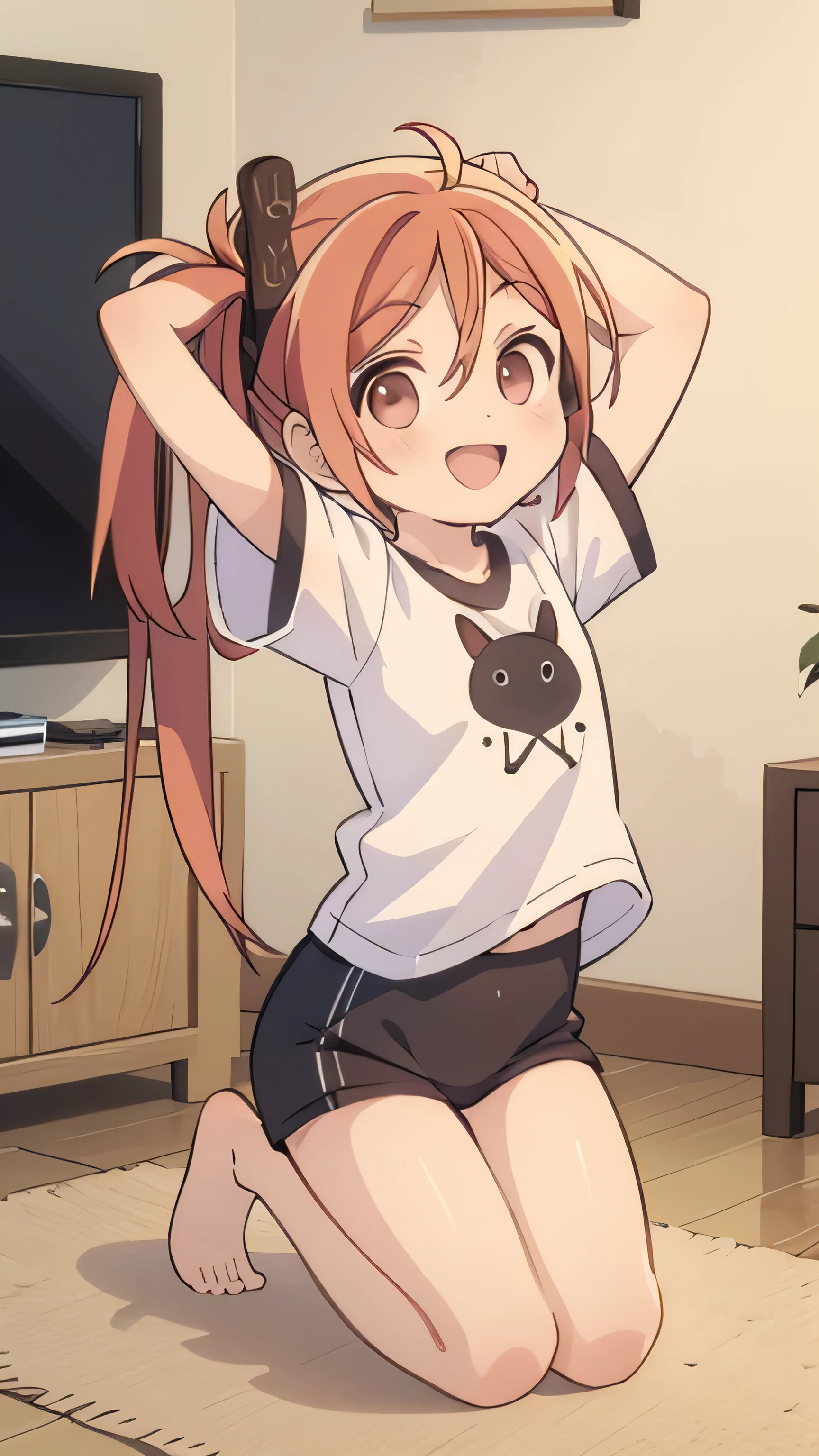 enju aihara, red hair, oversized shirt, black shirt, shirt only, barefoot, living room in background, looking at viewer, happy, gretting, arms up, Hochauflösung, Beste Qualität, UHD, Langes Haar,