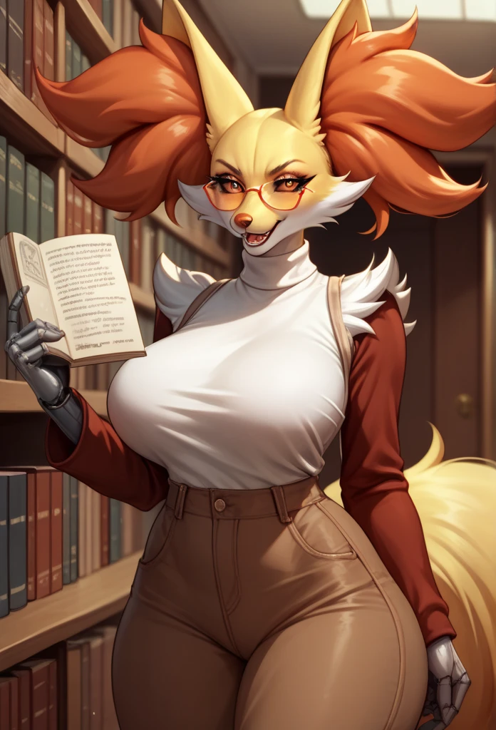 By zinfyu,by twistedscarlet60, uploaded on pixiv, by fluff-kevlar, (masterpiece), (best quality), (solo female:1.2), (extremely detailed:1.3),(detailed eye,black circle on eye,pink eye), lycanroc midnight, view on viewer, close view, shy face, half body on potrait, only body and head, close view, closeup photo of lycanroc, wearing casual dress,perfect circle of breast,tight clotches,camera angle from botom, in library, siting, table, reading book