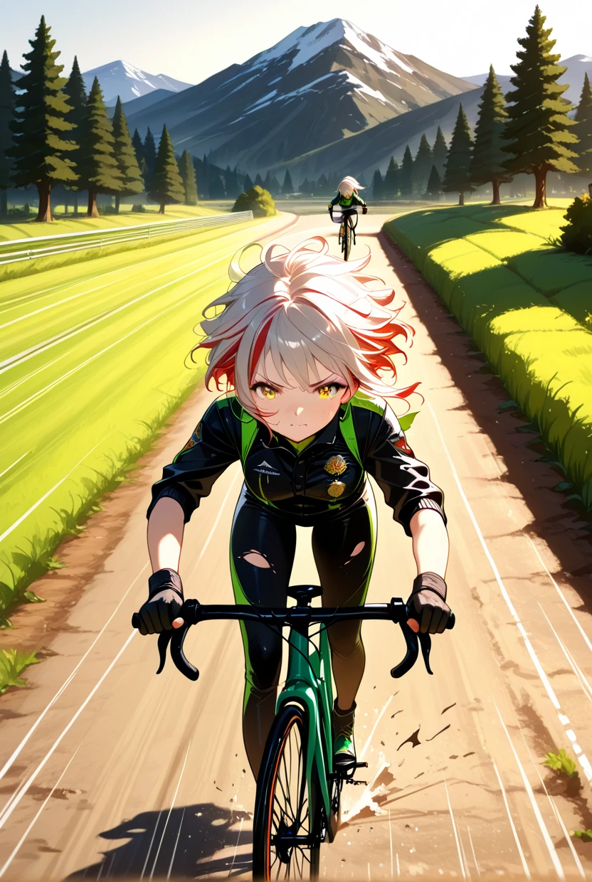 masterpiece, best quality, absurdres, 1girl,mountain, ,striked hair, medal, riding bicycle,speed lines, breast, front view,soil, tree, down hill, race, torn clothes, sob