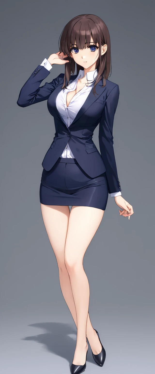 Megumi Kato,  1 girl, Alone, bangs,  brown hair, (((Female lawyer, ( formal suit micro mini skirt that shows only a little bit of crotch,   Micro Mini Pencil Skirt),  white shirt,   Navy Blue Jacket,Big Breasts、 cleavage、Thin legs、The white panties are visible from the hem of the skirt,The white panties are visible from the hem of the skirt))), perfect body for a lawn,  Anime Virtual YouTuber Full Body Model , Full body of a single character,  standing in a splendid posture , short!,  full body shot超詳細、 skinny, Alone, 1 female,   Masterpiece ,   best quality ,   best quality , 16k,  unbelievably ridiculous,  high definition, 2.5D, AI-generated, Delicate and dynamic,  Very delicate facial expression, Delicate eye depiction,  Erotic , only  sexy woman, ((A cute and kind face)), Healthy body shape, ((25-year-old woman)), Height: 170cm,  Moderately Firm Swaying Bust , sexy, (( Thin Thighs )),,  shiny,  Facing Viewers , smile, ((Oily_skin)), (((( full body shot、)))), (( Erotic  pose)),  fashion model posing with faded gray hair,   fashion model style DJ, (( beautiful eyes))、micro mini length pencilskirt、((Skirt long enough to show a little of the crotch、You can fully see your thighs ))