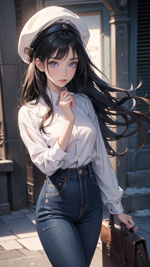 Cute Girl, Supreme Super Saiyan, high hair, brown hair, Black and white clothes, clothes with blue lines, DBZM Dragon Ball, stunning aura, lots of action, Black clothes with gray, Lots of Ki energy, Grass background,
