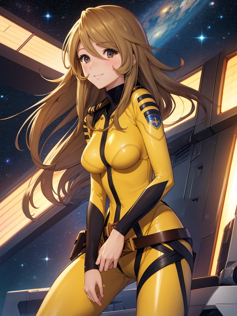 (masterpiece, best quality:1.2), (cowboy shot:1.1), solo, 1girl, mori yuki, slight smile, closed mouth, looking at viewer, blonde hair, thigh gap, yellow bodysuit, skin-tight, perfect body, belt, large window, (starship porthole:1.3), from front, (spread legs:1.3), (standing:1.1), thigh gap, perfect hands, bright starship interior, (outer space view:1.1), (orbital view:1.3), (night, stary sky:1.5), milky way