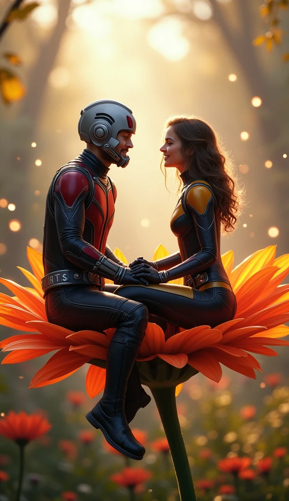 Give me a picture of Antman making love to a lady, sitting on a swing in a park
