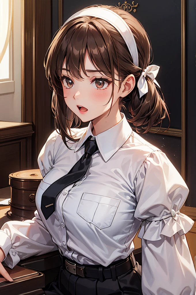 a woman sitting at a desk or a piano in a white shirt and tie, 1girl, instrument, music, brown hair, solo, playing instrument, necktie, juliet sleeves, sweat, puffy sleeves, pocket, long sleeves, breast pocket, belt, bow, black necktie, hairband, white bow, hair bow, white hairband, open mouth