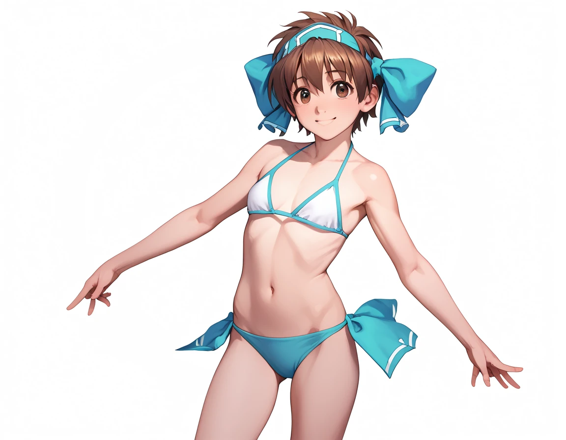 a detailed portrait of 1 girl, beautiful smiling face, rimururu ainu hairstyle, full body shot wearing a bikini, intricate details, photorealistic, cinematic lighting, vibrant colors, masterpiece