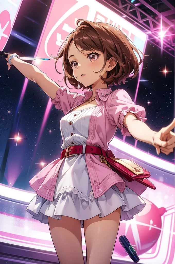 a girl with short hair in a dress holding a pen and pointing at something with pink in the background, 1girl, solo, belt, brown hair