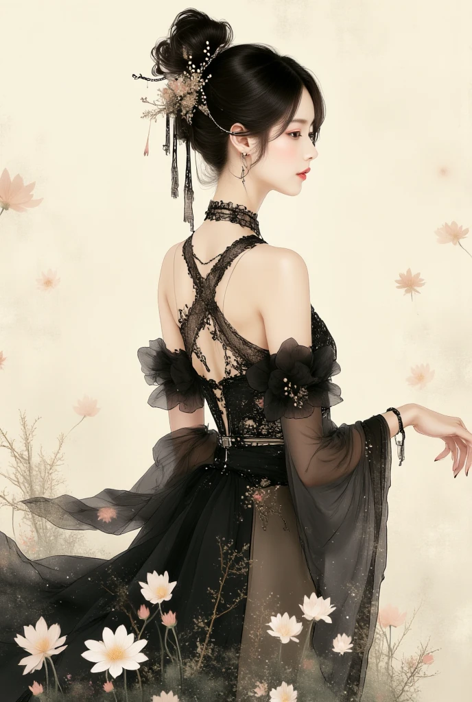 (traditonal chinese ink paiting),portrait,1woman, flying petals,Upper body, black_dress  with gothic twist,hair_decoration,