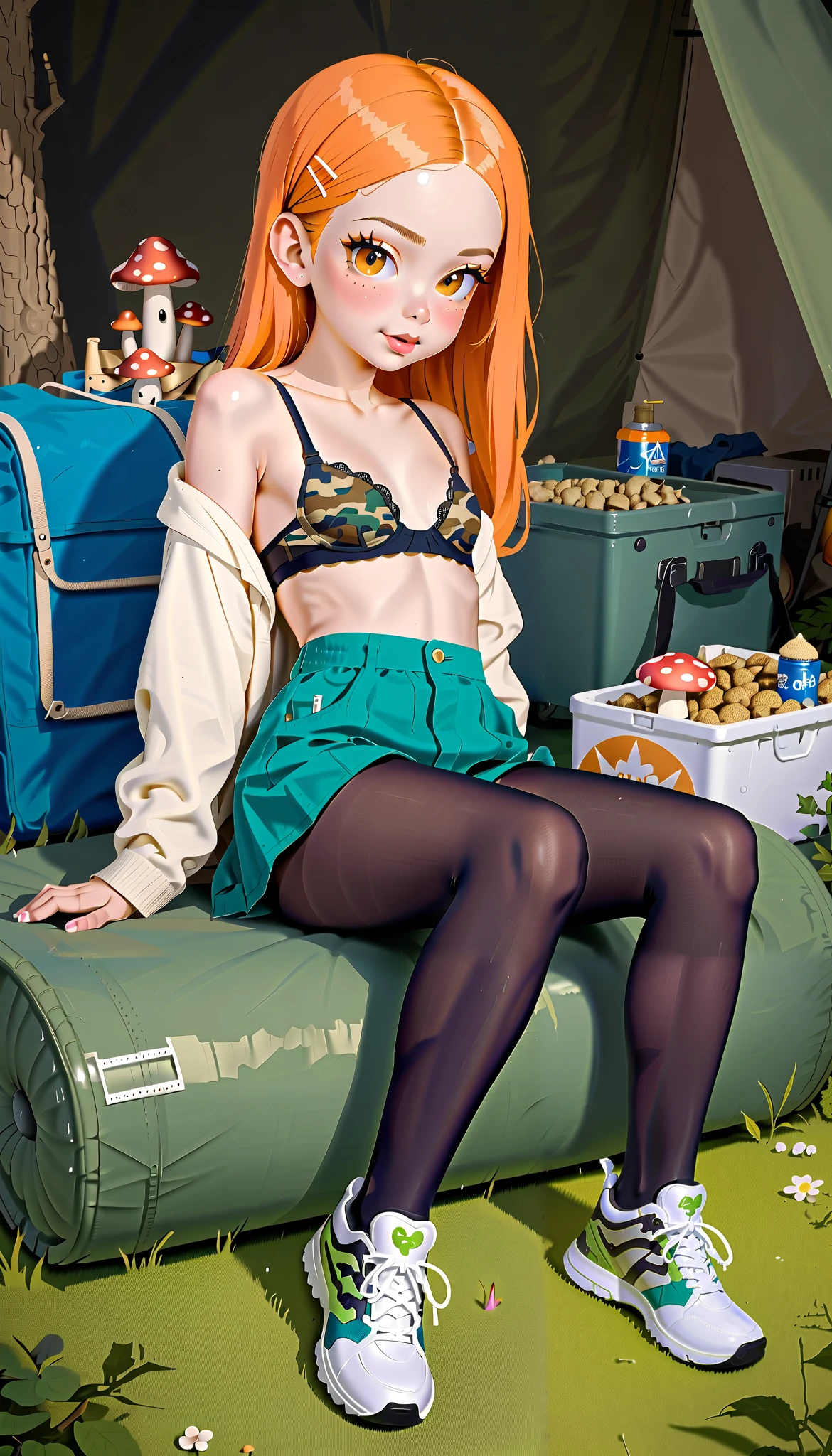 1girl, Asuka Tanaka, tight camouflage silk bra, extra short army green cargo skirt, (highly shiny black pantyhose:1.4), sneakers, (li:1.4), sitting in a camp, enthusiastically sucking shiitake, mushroom in her hand, a lot saliva, girl feels tense in womb, half-undresssed