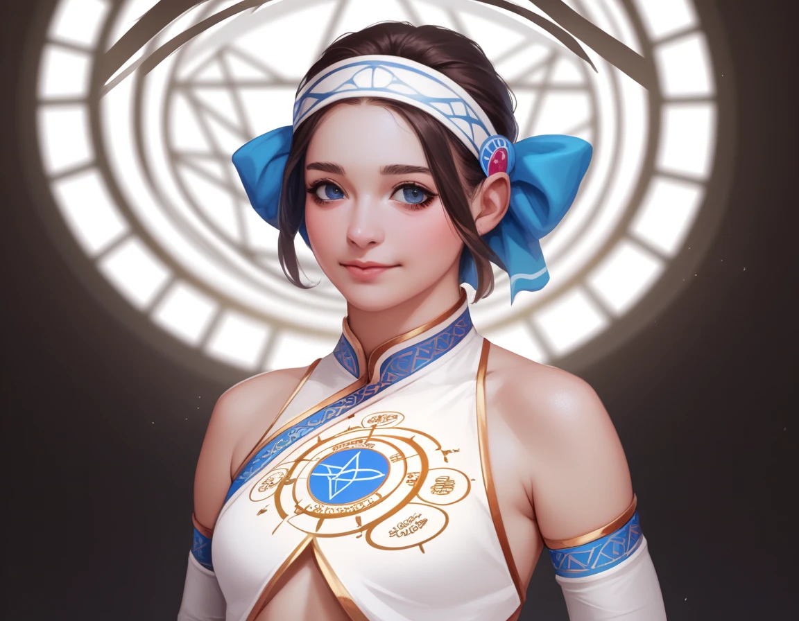 Best Quality, Masterpiece, Ultra High Resolution, (Realistic: 1.4), Xiuxian, Smiling, Shy, Belly Button, Delicate Makeup, Gorgeous Jewelry, Horse Face Dress, Detail Face,, 1 girl, white clothes, lotus print, maple leaf print, solo, weapon, (magic circle: 1.2), Xiuxian, upper body, beautiful girl, half-body, East Asian architecture, sheath, construction,