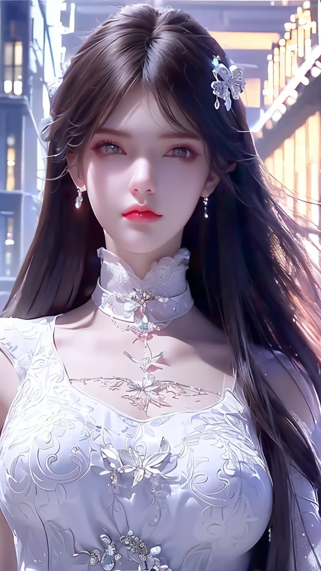 (( Best Quality , 【8k, masterpiece: 1.3)), whole body, sharp focus: 1.2,  outstanding beautiful : 1.4, Slim abs : 1.2, ((( Long hair : 1.2)), vest dress: 1.1, (Night City, Town: 1.1),  High detail face and skin texture,  detailed eyes , double eyelids, 