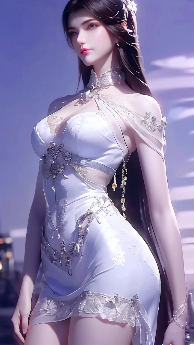 (( Best Quality , 【8k, masterpiece: 1.3)), whole body, sharp focus: 1.2,  outstanding beautiful : 1.4, Slim abs : 1.2, ((( Long hair : 1.2)), vest dress: 1.1, (Night City, Town: 1.1),  High detail face and skin texture,  detailed eyes , double eyelids, 