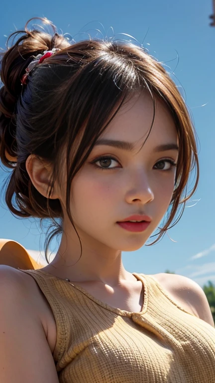 ( super real ), (shape), ( high definition ), (In 8K), ( very detailed), (Best shape), (  match it with beautiful fine details ), (  best quality ), ( Ultra Detailed ), ( wallpaper), ( detailed face ), Droopy eyes,   sweating a lot  ,  upper body close-up riding on a rocking horse,   Wakino, short hair,Girl in sleeveless sweater, Japanese,  I Can See Her Cleaveline , ( camel toe )