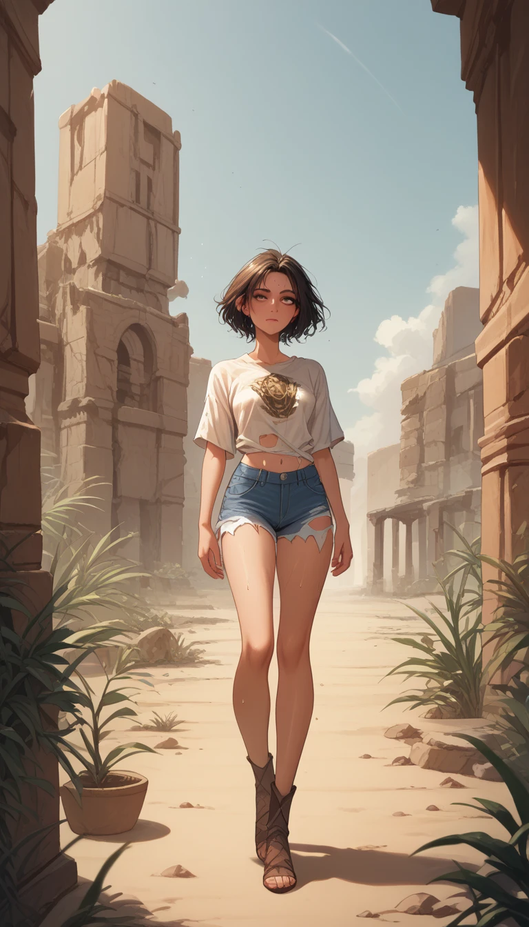 2076 year. n..  The Urban Desert Ruins ,  Female hunter gathering fruit in the garden, beautiful face,  Ripped shirt and denim shorts  ,  long legs, sweating through , ,  warm and pleasant colors , Full body photograph from head to toe