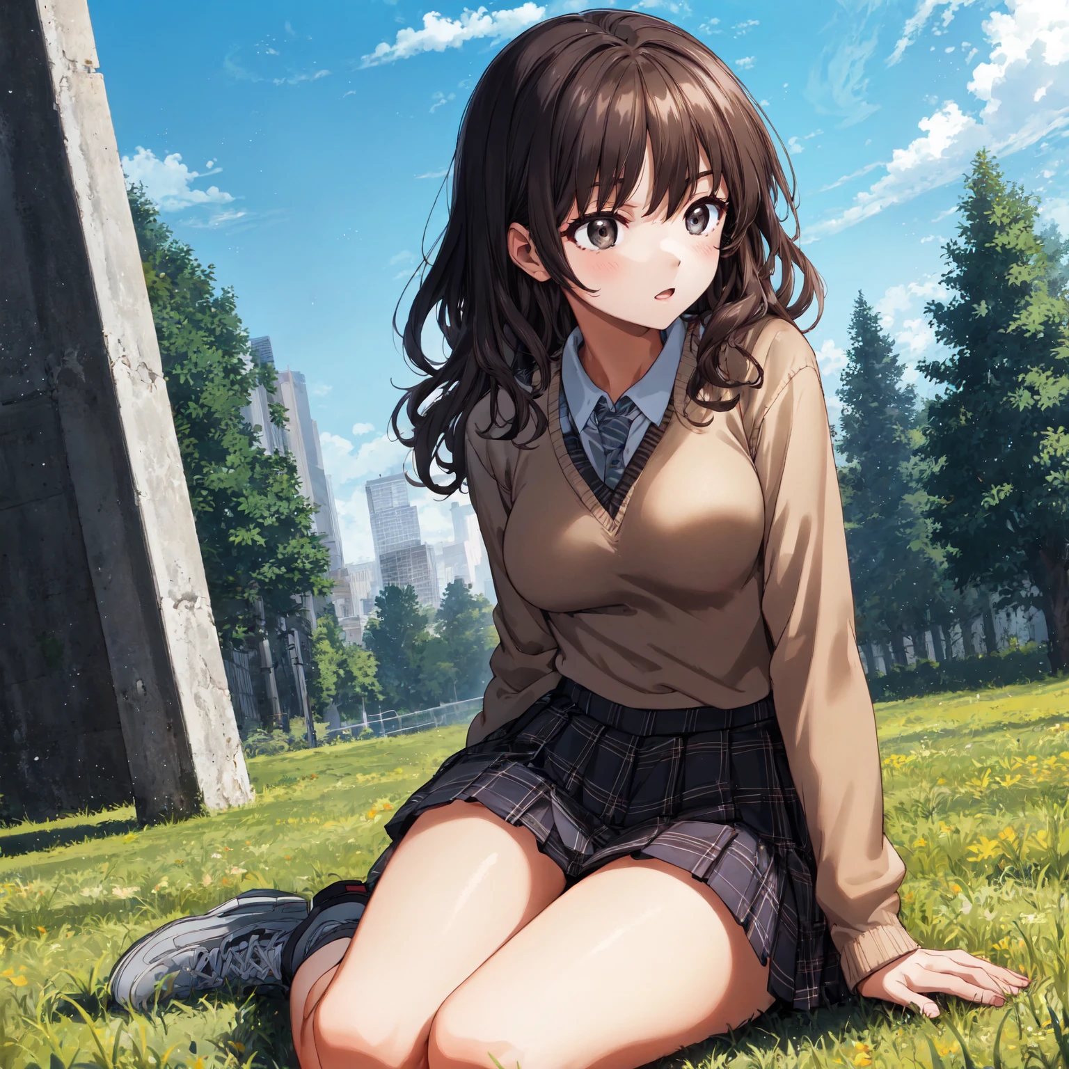 God Quality, perfect anatomy , high quality skin,detailed beautiful face,expression eyes,perfect shading,pale colors,High quality backgrounds,amagami,(low angle),park,ankle socks,girl sitting,{{beautiful middle -sized breasts1:4}},beautiful eyes,brown special curls hair,grey eyes,school uniform,brown sweater,pleats mini skirt,sneakers,thin eyebrows,looking at another