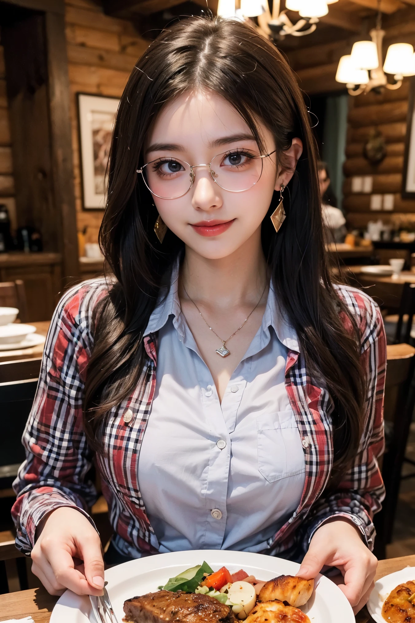 ((Best image quality, 8k, masterpiece: 1.3)), Selfie, Sharp focus: 1.2, Cute beauty with perfect figure: 1.4, slim, ((Brown Hair Black)) , (,Highly detailed face,Happy expression,Stand on your own two feet:1.2),((Blue Sky City 1.3. Mainly produced by women)),Highly detailed faceと肌の質感,Detailed eyes,double eyelid,Delicate skin,Real Skin,Black-rimmed square glasses,Jeans and an oversized white shirt,necklace,Wavy Hair