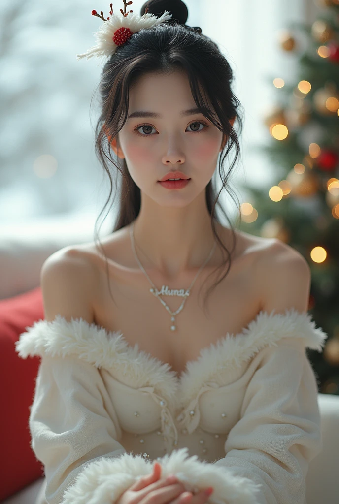 1 japanese girl, (ulzzang-6500-v1.1:0.8), (raw photo:1.2),((photorealistic:1.4)), best quality, masterpiece, an extremely delicate and beautiful, extremely detailed, CG, unity, finely detail, masterpiece, detailed CG unity 8k wallpaper, absurdres, incredibly absurdres, ultra-detailed, highres, extremely detailed, beautiful detailed girl, extremely detailed eyes and face, beautiful detailed eyes, light on face, cinematic lighting, full body, perfect hand, depth of field, wearing sexy santa dress, wearing red stocking, christmas hat, (see through:1.3), (no panties), (no bra), (bushy pubic hair visible), blonde hair, in a street, christmas festival, night, snowing, christmas tree, small breasts, wide lips, necklace, bracelet, earring, walking