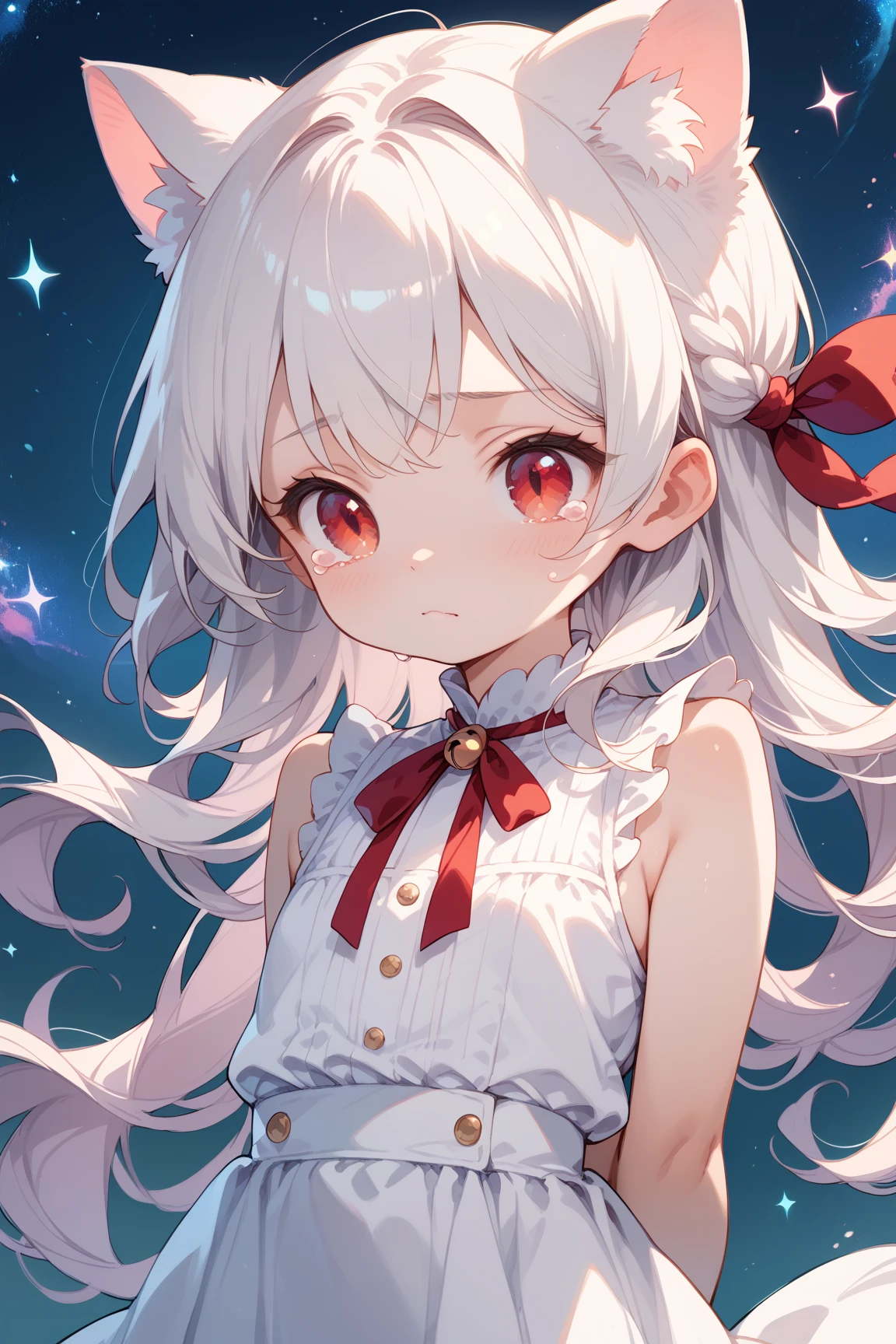 High definition, 16k, Very High quality, Long white hair , cat ears, red ribbon on the head, **** , red eyes, white sleeveless , The younger , small chest , cute , crying , the starry sky background, hands behind back , girl 1