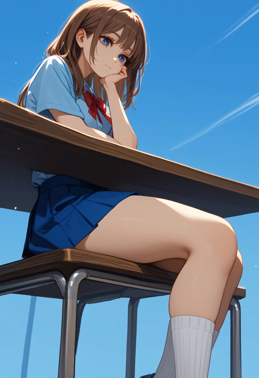 1 girl,  student costume, very short blue skirt  ,socks,Push butt , reclining on table ,  illuminated by afternoon sunlight,  long brown hair ,hand on chin,  thick thighs , best qualitysmiling ,    low angle portrait , Ultra HD, blue sky