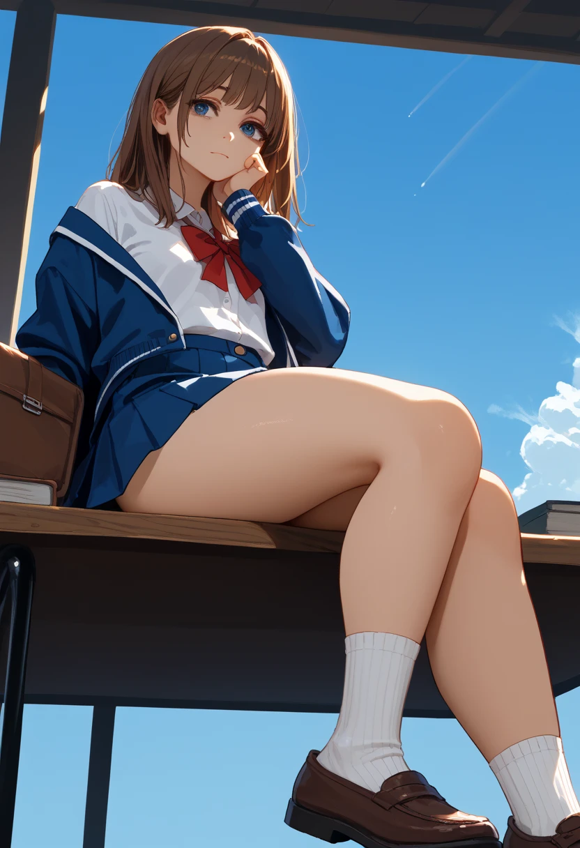 1 girl,  student costume, very short blue skirt  ,socks,Push butt , reclining on table ,  illuminated by afternoon sunlight,  long brown hair ,hand on chin,  thick thighs , best qualitysmiling ,    low angle portrait , Ultra HD, blue sky