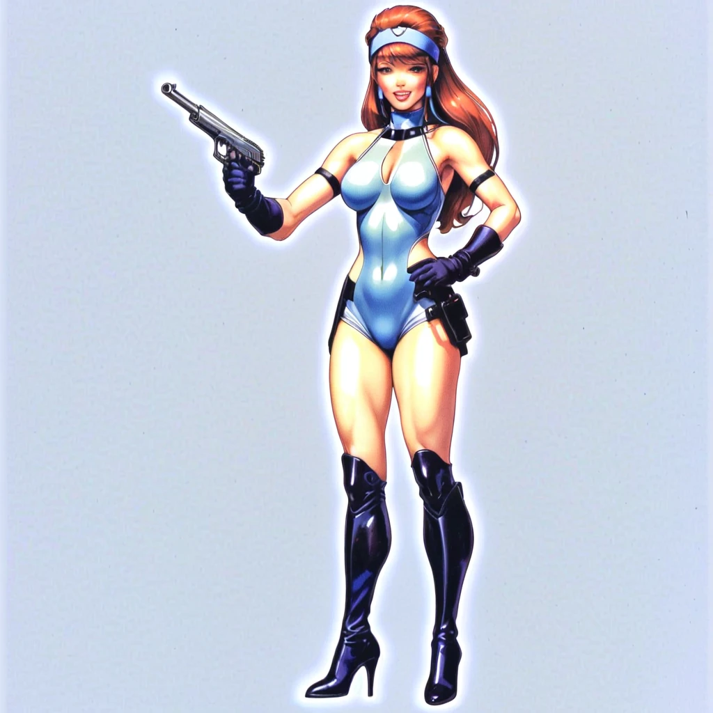 ((Masterpiece, of the highest quality; 1.3)), super quality, Beautiful detail, super detailed, extra fine, 16k, exquisite, absurd, high resolution, beautiful background, detailed background, pretty eyes, Beautiful skin, animated style, Kay from Dirty Pair in a white outfit, tight suit, neckline, bushy redhead beauty, very light blue uniform, wearing tight clothing, scarce, (Half chest: 1.2), neckline, neckline, thin waist , thin waist, thin thighs, thin legs, thin legs. thigh gap, showing stomach, Skinny, thin hips, cyberpunk city background, retro space gun holding, sale,