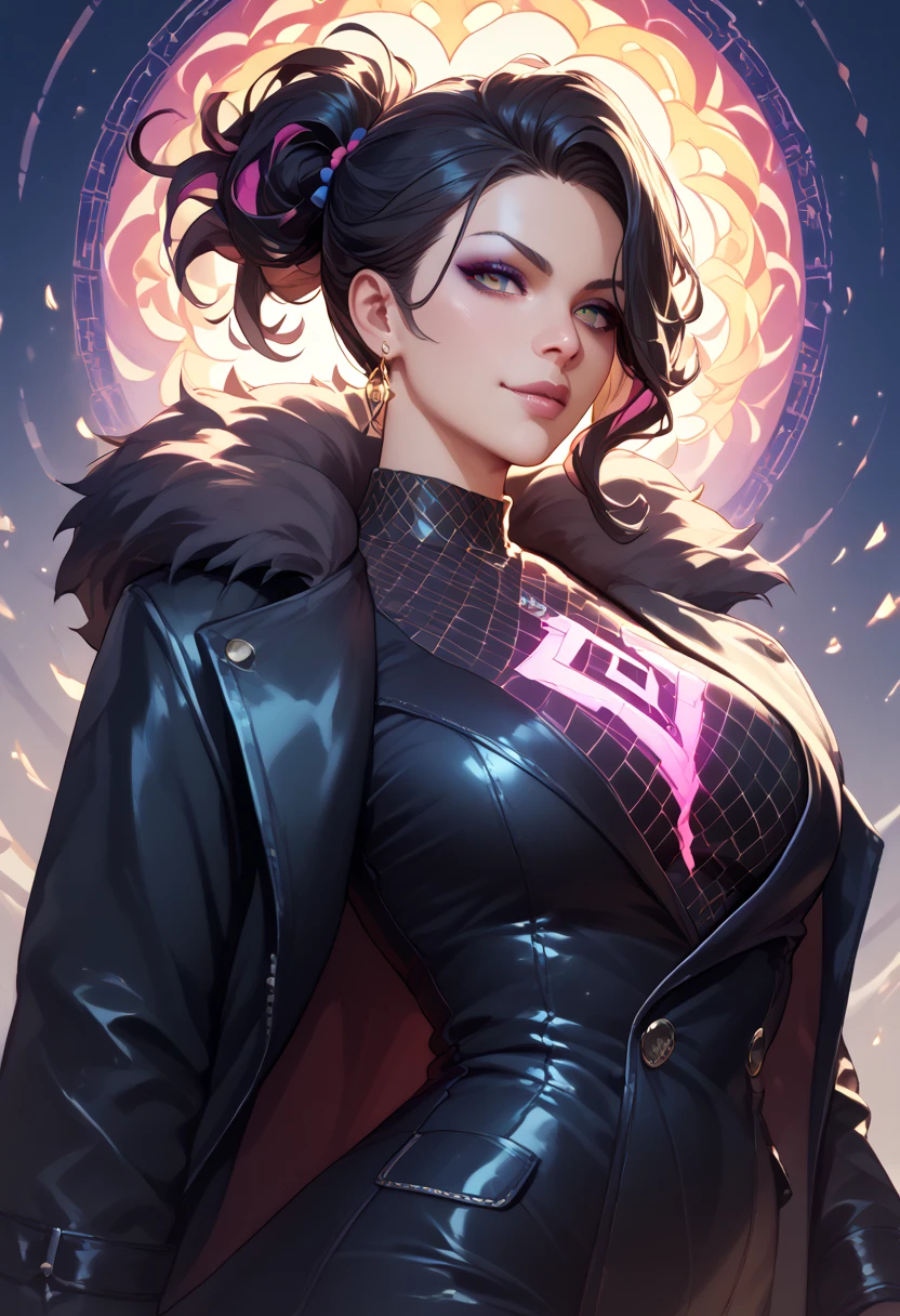 A closeup of a woman, concept art, character content art,1girl, highres, sharp focus, pixiv masterpiece, ((intricate details)), highly detailed,exquisite fanart highly detailed, commission for high resolution, one eye, detailed eyes,blue eyes, pale skin, fair skin, short black hair, dark hair with female cyberpunk style cut, muscular!,abdomen, pointy ear, vampire, costume: mercenary outfit, cape, Underworld style clothing, neckline, revealing neckline, joy ride style, ilya kuvshinov,Anime Moe Artstyle, Female anime character, Anime character,
