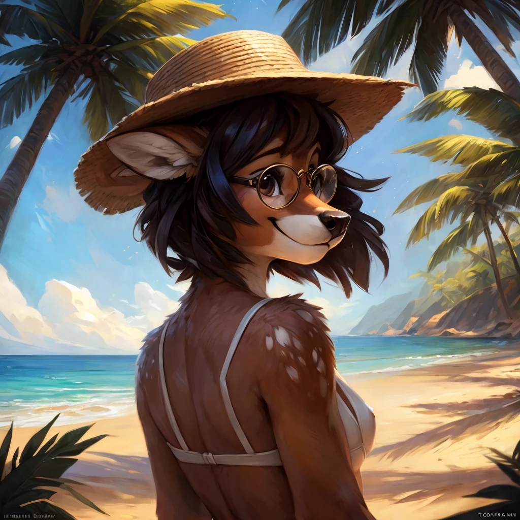 uploaded on e621, by Pixelsketcher, by Bayard Wu, by Thomas Benjamin Kennington , by Einshelm, by hioshiru and kenket, Chunie, portrait, solo anthro female deer doe, tiny featureless breasts, tiny breasts, clear dark blue, cinematic lighting, day, sunny day, beach, walks on a beach, ocean background, horizon background, palm trees background, palm trees, shiny, short curly dark brown hair, short hair, wears big black nerd glasses, very very beautiful furry art, furry art, smiling, joyful, shiny, happy, feminine, cute face, muzzle, fluffy chest, flawless face, Fallow deer, 1girl, Sakimichan is beautiful, Masterpiece, Wavethesallow Face, shiny, Detailed image, portrait, Detailed image, portrait, wears pure white bikini, wears beige summer straw hat, shiny, realistic face, perfect anatomy, hourglass body, (furry body:1.1), anthropomorphic deer, happy, very happy, small ears, huge black nerd glasses, full body, sits on a sun towel under a umbrella, enjoys the sun, a few palm trees in the background, looks at the viewer, small fluffy tail,