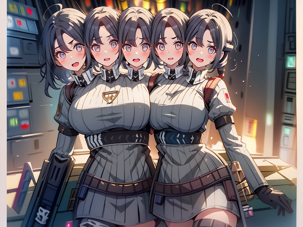 ((Four high school girls)), ((Imprisoned in a warehouse)), ((4 women)), (Highly detailed CG Unity 8k), (highest quality), (Very detailed), (Ultra-high resolution), ((Hands behind the back)), ((Wrists tied behind back)), ((Ankle binding)), The first one has long black hair, The second person has brown hair and a bob cut., The third person has medium-long red hair., The fourth person is a silver-haired ponytail., BDSM, ((head band)), Crying face, Four people huddle together, Looking down from above at an angle, ((covered mouth with white duct tape:1.3)), ((blindfold with white duct tape:1.3)), ((whole (body) with white duct tape:1.3)), Hands tied behind back, BDSM, ((From head to toe, wrap them in white duct tape to make a mummification:1.3)),
