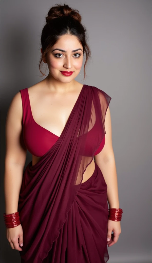 ((best quality)), ((masterpiece)), (detailed), (beautiful realistic model), (SFW:1.5), Smiling sexy alluring face,Standing in a crowded fish market , Full body potrait,Standing pose,Wearing dark maroon transparent saree, wearing dark red sleeveless blouse,dark red lipstick on lucious lips,Hair bun,big large breast with deep cleavage, plenty red bangles in both hands, showing navel and sexy midriff, both hands stretched up Showing dark hairy armpits, voluptuous figure,perfect realistic face, sexy highly detailed face, blue eyes, Indian woman with features, (busty:1.7), (ultra sexy bimbo body:1.5),