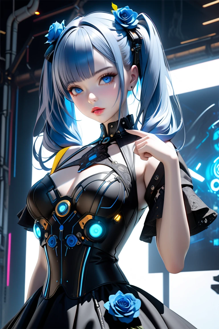 knee level shot of a 1 girl,gwen \ (league of legends\) ,black bow,black gloves,black legwear,blue eyes,blue hair,bow,collarbone,dress,drill hair, with a face, Anime screencap, Smirking, stylized, Generative Art, (art by Eileen Gray:1.1) ,lay form the side,show ????
