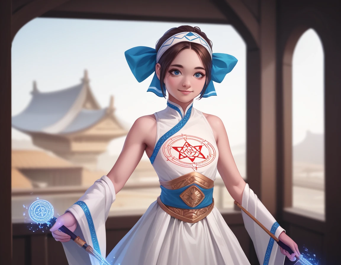 Best Quality, Masterpiece, Ultra High Resolution, (Realistic: 1.4), Xiuxian, Smiling, Shy, Belly Button, Delicate Makeup, Gorgeous Jewelry, Horse Face Dress, Detail Face,, 1 girl, white clothes, lotus print, maple leaf print, solo, weapon, (magic circle: 1.2), Xiuxian, upper body, beautiful girl, half-body, East Asian architecture, sheath, construction,