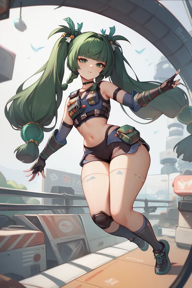 qingyi, green eyes, green hair, very long hair, twintails, blunt bangs, hair bobbles, side braids, hair ornament, robot joints, wide hips, big ass, thick thighs, fingerless gloves, black shorts, navel, choker, crop top, knee pads, elbow gloves, black sneakers, gauntlets, detailed full body, seductive