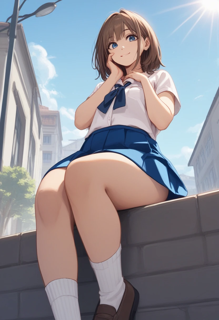 vista inferior,1 girl,  student costume, very short blue skirt  ,socks, sitting on the sidewalk,  illuminated by afternoon sunlight,  long brown hair , blue eye,hand on chin, Panties appear , thick thighs ,  best quality,smiling,    low angle portrait , Ultra HD, blue sky