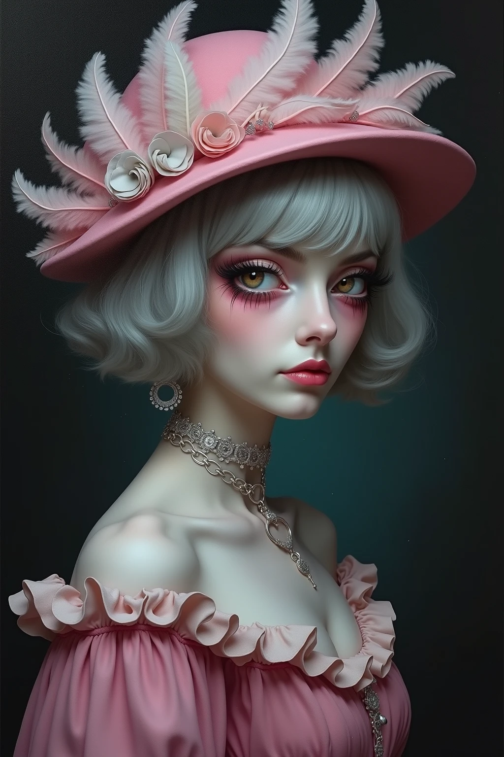 Dark and melancholic drawing style, woman with small eyes and evil expression, short, loose white hair, white eyelashes, Very pale albino girl with grey eyes but very pale almost dead. Beautiful but really cruel face Hat full of feathers that partially covers her face and elegant clothes of a pastel pink duchess full of silver accessories, just so that his face can be seen in the image. Still the image must look dark and the girl's expression malevolent and mysterious.