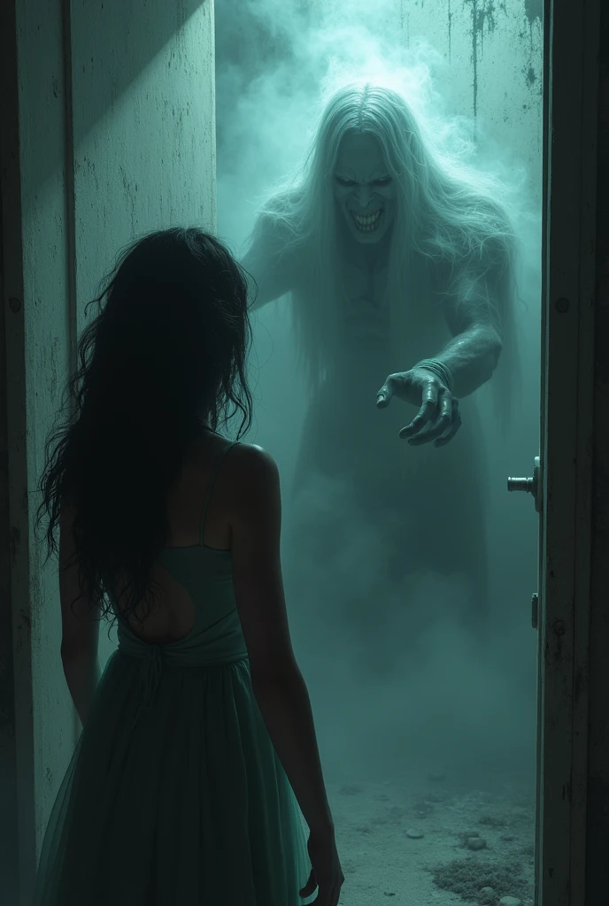 Une dame possede. And frightening by a demon who wears a white dress with blood in the hallway a house that drags a chain and causes spiders