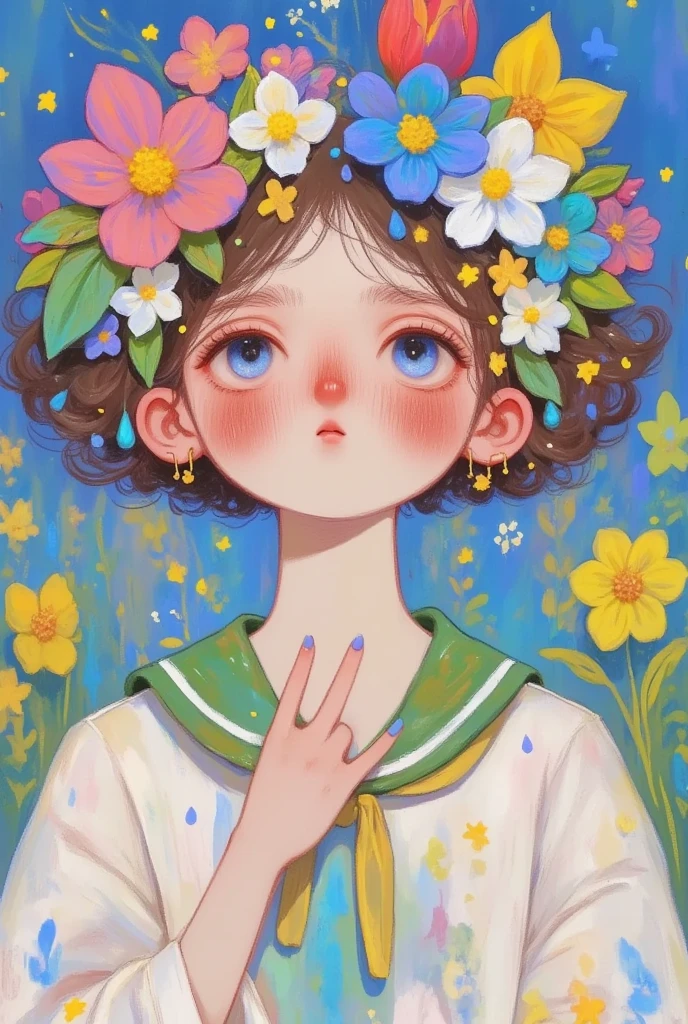 A painting， and draws a woman，She wears flowers on her head , A digital painting inspired by Cheng Yanjun, pixiv,  pop surrealism, artstrationTrend ,  cute detailed digital art , Beautiful digital illustration ,  detailed digital anime art,  A beautiful illustration  , Digital Anime Illustration, 精致的数字插图, Lovely art style,  beautiful aesthetic art ,  A beautiful anime portrait , Painted face girl