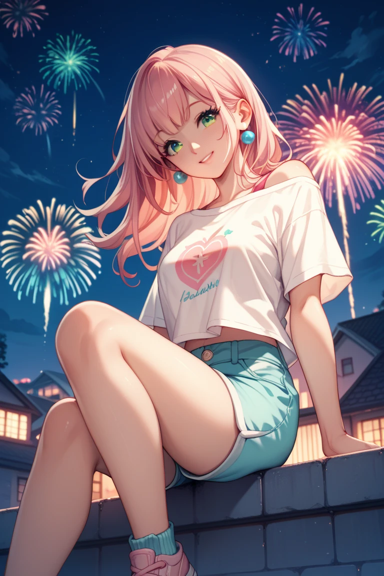 girl-, . Pink-peach hair below the shoulders, pastel green eyes ,  Long-sleeved white shirt , blue knee-length shorts .  Looking at the sky smiling , sitting cross-legged on the roof , Night,  behind her fireworks .