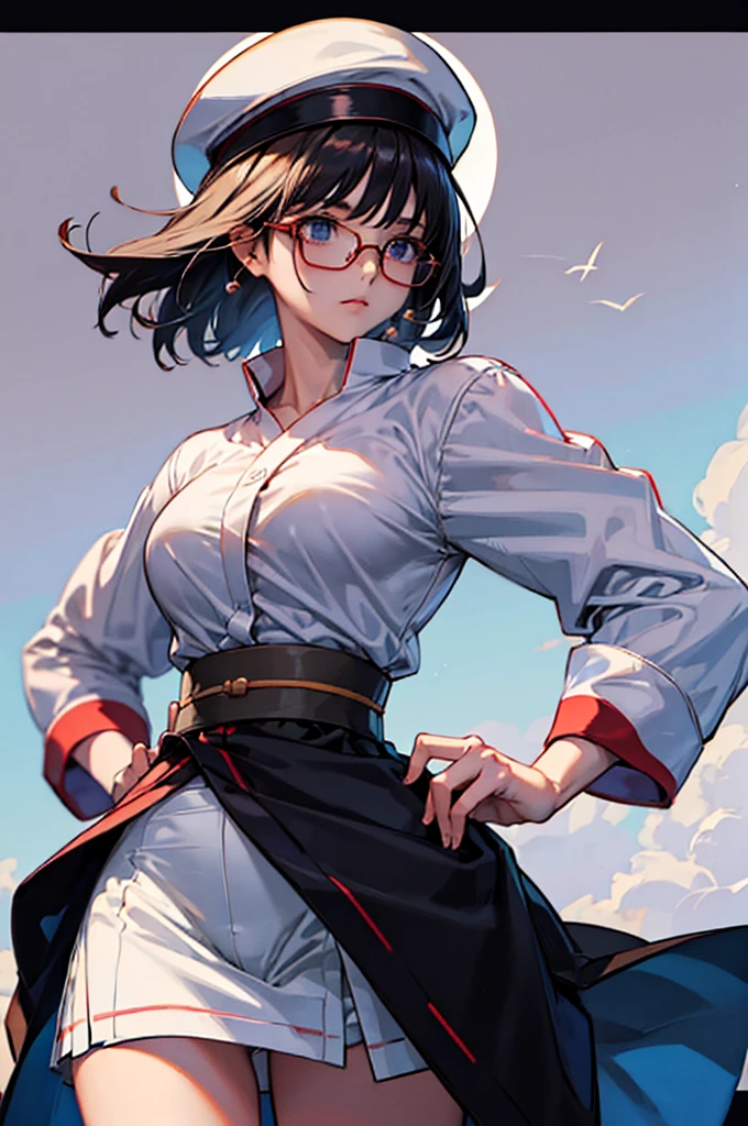 an anime character with glasses that is standing posed in a skirt with her hands on her hips, 1girl, underwear, panties, solo, glasses, hat, shirt, skirt, white shirt, wind lift, black-framed eyewear, short hair, long sleeves