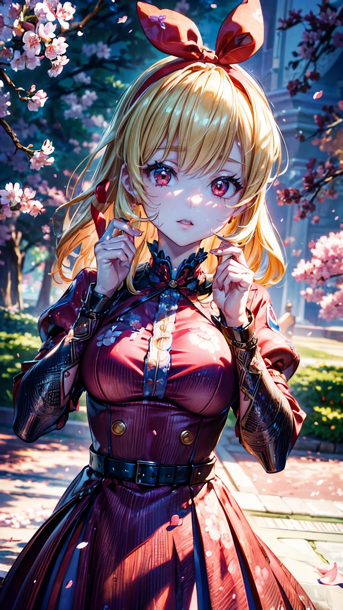 (masuter piece,Best Quality,Ultra-detailed), (A detailed face), Movie Posters, hight resolution, 1girl in, (front-facing view), (cyberpunked), (Lucy), a blond, (Blonde with bangs,), (bob cuts), Two-tone hair, Gold Eye, 校服, Black Choker, A bracelet, a choker, 鎖骨, shirt with collar, Black tie, Red checked skirt, Clothing around the waist, full bodyesbian, flat-chest, (Beautiful Detail Eye: 1.1), (Detailed hand), (Detail light: 1.1), Film Light, light skinned, Grinning, gals, Street, Skysky, cherry trees, flower petals, diagrams, (looking at the viewers), (magazine:1.3), (cover-style:1.3), Fashionable, Textured skin, Super Detail, Tarot Boundary, border, Alfonse Mucha, self-assured, Stylish, Font, Catchy, headline, lo fashion