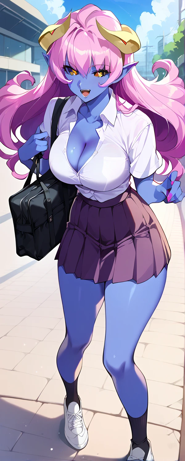 (ct_efa, blue skin, pink hair, long hair, large breasts, demon horns, slit pupils, grey sclera, ) . sneakers、school bag ,break,perfection,hands, , Top Quality, High Definition, Anime style,,、 Super Detailed, Masterpiece, Anatomically Correct,, 、white shirt, cleavage, untied tie,white school uniform,purple miniskirt, no socks,Loafers.thick thighs,large breasts, steepled fingers, happy simile, open mouth,outdoor,school、crowd, very detailed eyes、Highly detailed mouth,cute,beauty,(Highest quality:1.2, Very detailed, up to date, Vibrant, Ultra-high resolution, High Contrast, masterpiece:1.2, Highest quality, Best aesthetics), (((1 girl))), Carefully drawn, Floating Bubbles, Soft Focus, Cinematic lighting、Exquisite details