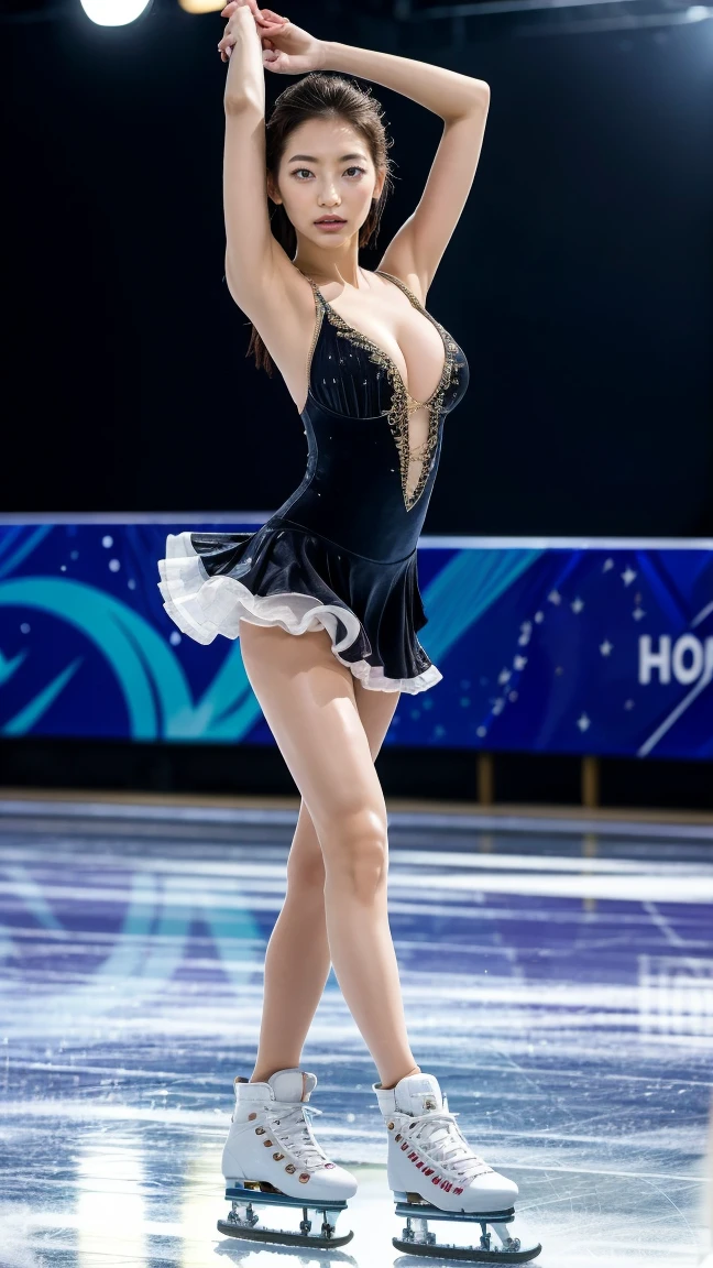 (8k, best quality:1.3, extremely detailed:1.2, perfect anatomy, beautiful Japanese woman, 18 years old, healthy thighs, beautiful legs, beautiful skin, random hair color, random hairstyle, large breasts, female figure skater, figure skating outfit, miniskirt:1.3, full body shot, skate shoes, skating rink