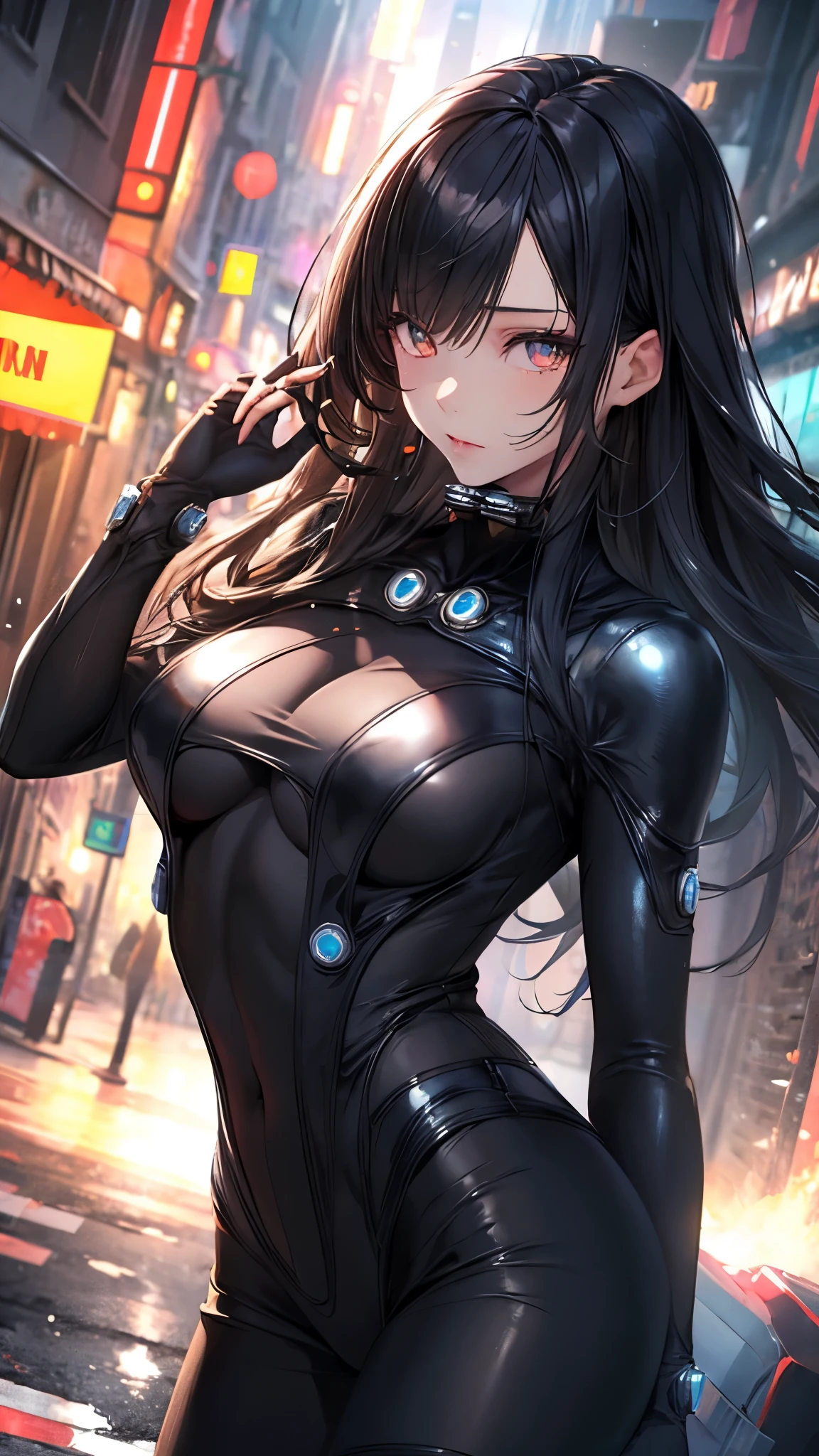 1girl, solo, large breasts,slender,shimohira reika, black hair,long hair,Shiny hair, bodysuit, shoulder armor,masterpiece,Noise Reduction,perfect anatomy,high resolution, ultra-detailed, ultra-detailed face,game cg,dutch angle ,beautiful detailed eyes,visualart,five fingers, perfect hands, perfect lighting, sparkling pupils,