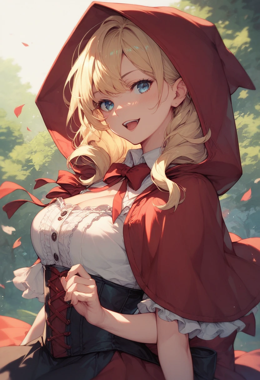 masterpiece, best quality, highly detailed, ultra high res, illustration, ayase arisa, 1girl, solo, blue eyes, blonde hair, long hair, little red riding hood, forest, frilled dress, boots, cleavage