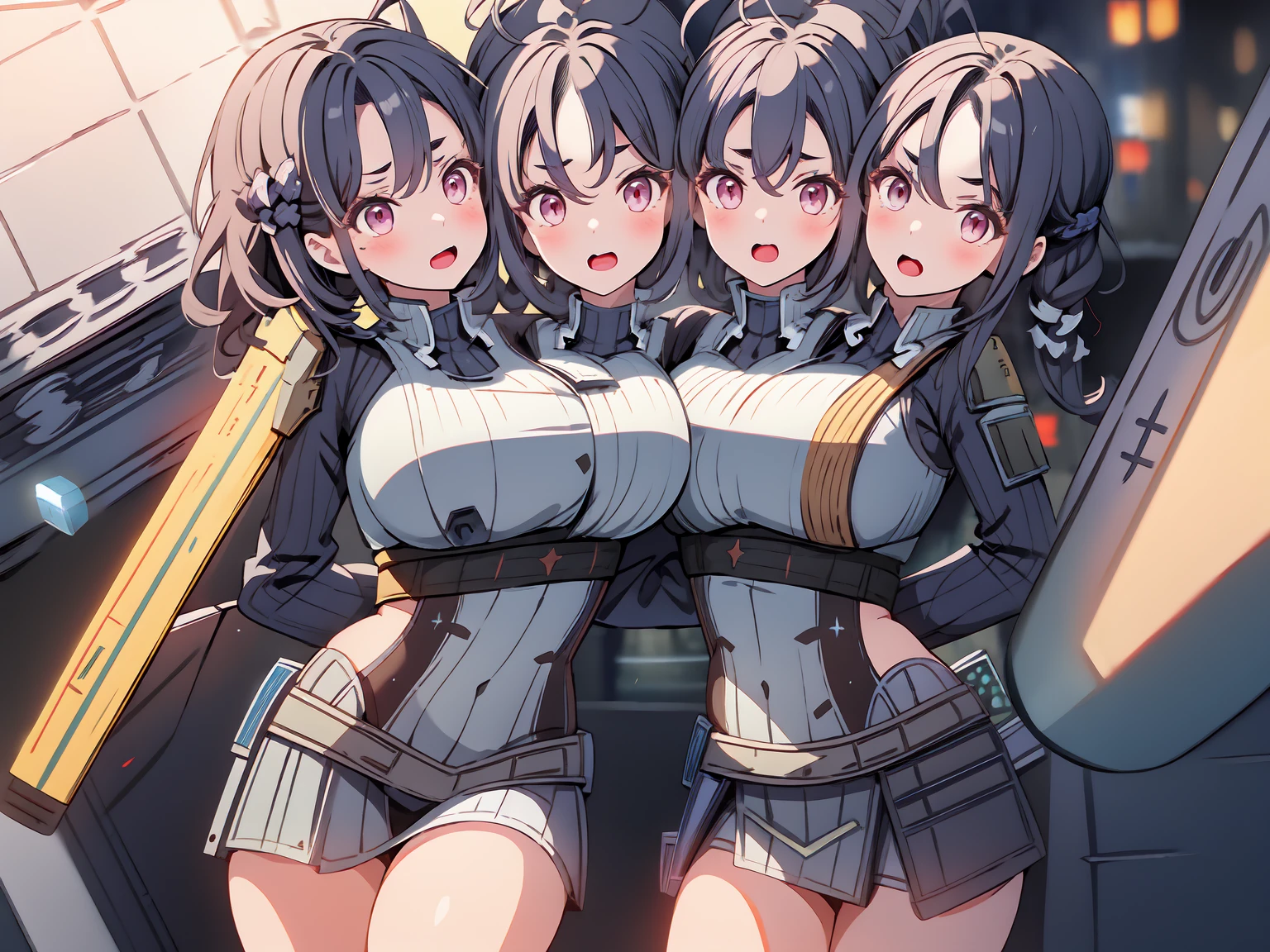 kagami hirotaka style, (mature women aligned), shiny gloves and black beret, glamorous proportion, cleavage, eyelashes, curry hair, (beautiful eyes), (detailed pupils), perfect face, face focus, (epaulettes), Salute, villan, dark heroine, latex
