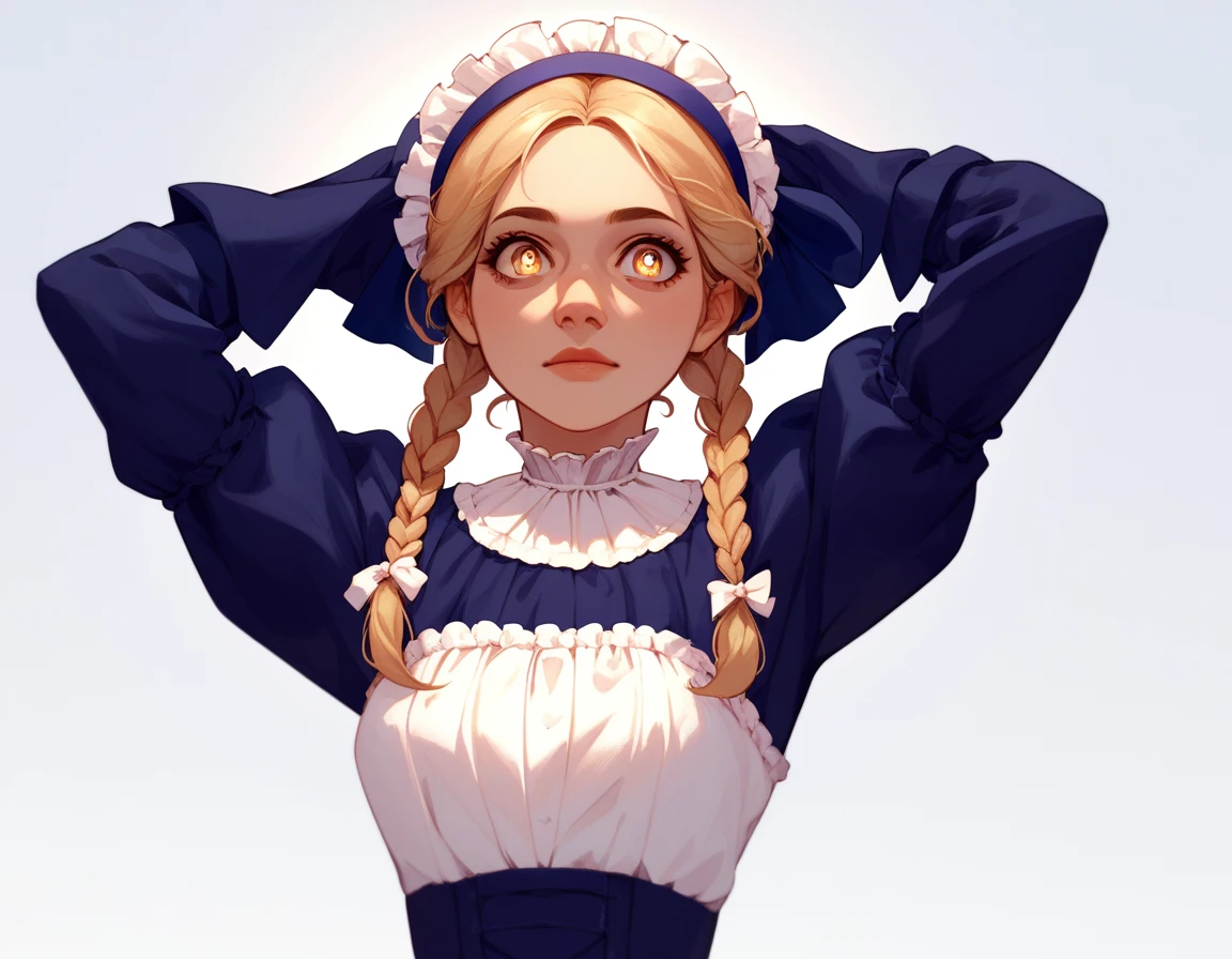 Superb masterpiece, upper body, (adult: 1.6) Hungarian woman, (giggle: 0.4), arms behind the head, golden braids, sparkling eyes, Victorian sun dress, floating light particles, centered, added facial detail