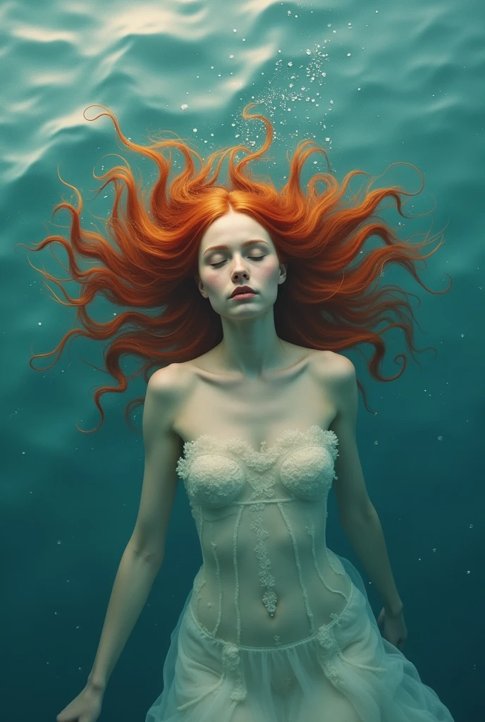 ((underwater)), (huge breast:1.5) mermaid swim, long flowing red hair, hair blowing in the wind, (hand on head), underwater sea with fishes background, looks beautiful and aesthetic, incredibly elegant, sunlight penetrates sea, awesomenizer, detailed face, closed eyes, crown, earrings, bracelet, necklace