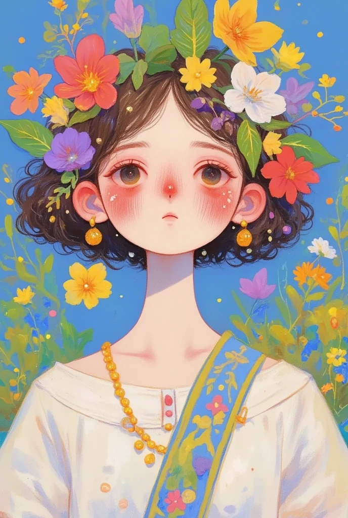 A painting，Drawing a portrait of a woman，She wears flowers on her head , A digital painting inspired by Cheng Yanjun, pixiv,  pop surrealism, artstrationTrend ,  cute detailed digital art , Beautiful digital illustration ,  detailed digital anime art,  A beautiful illustration  , Digital Anime Illustration, 精致的数字插图, Lovely art style,  beautiful aesthetic art ,  A beautiful anime portrait , Painted face girl